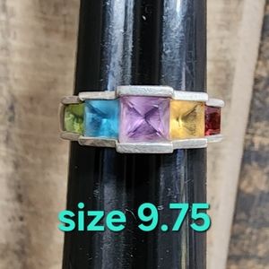 Vintage Estate Sterling Silver Multi Gemstone Ring Sz 10 Blue Red Yellow Green